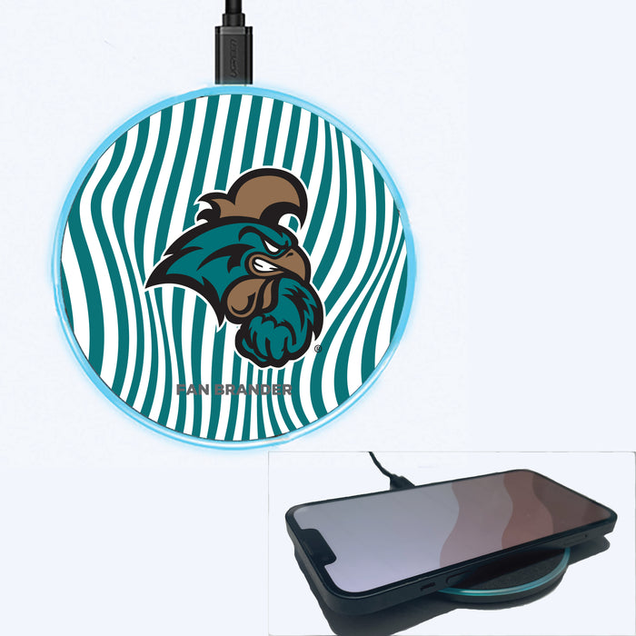 Fan Brander Grey 15W Wireless Charger with Coastal Carolina Univ Chanticleers Primary Logo With Team Groovey Lines