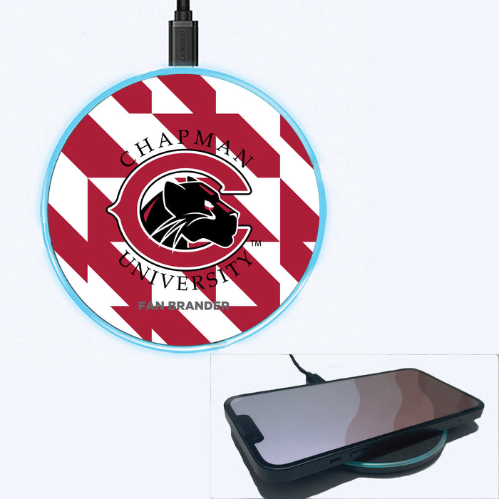 Fan Brander Grey 15W Wireless Charger with Chapman Univ Panthers Primary Logo on Geometric Quad Background