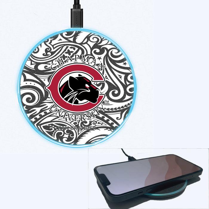 Fan Brander Grey 15W Wireless Charger with Chapman Univ Panthers Primary Logo With Black Tribal
