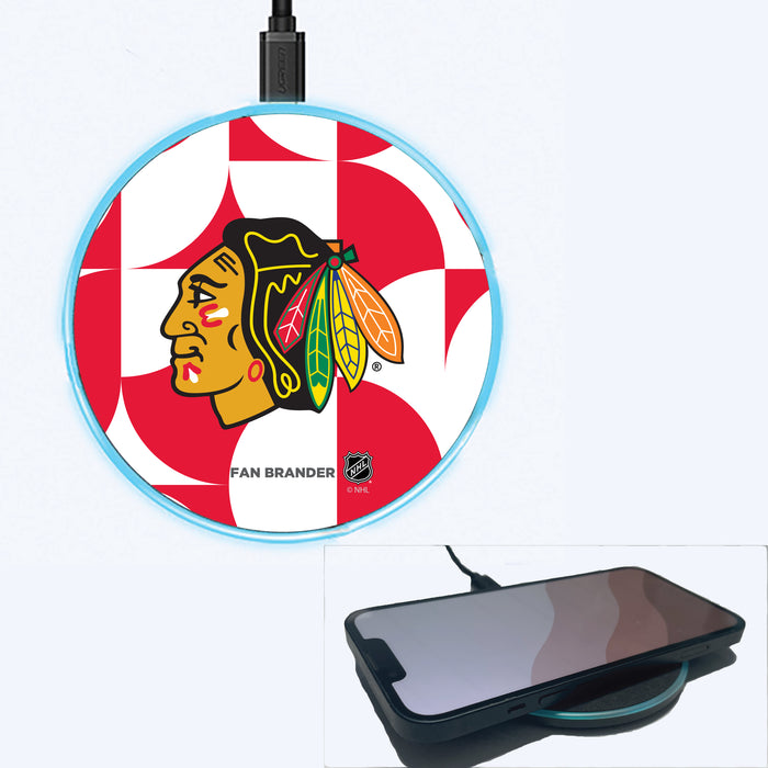 Fan Brander Grey 15W Wireless Charger with Chicago Blackhawks Primary Logo on Geometric Circle Background