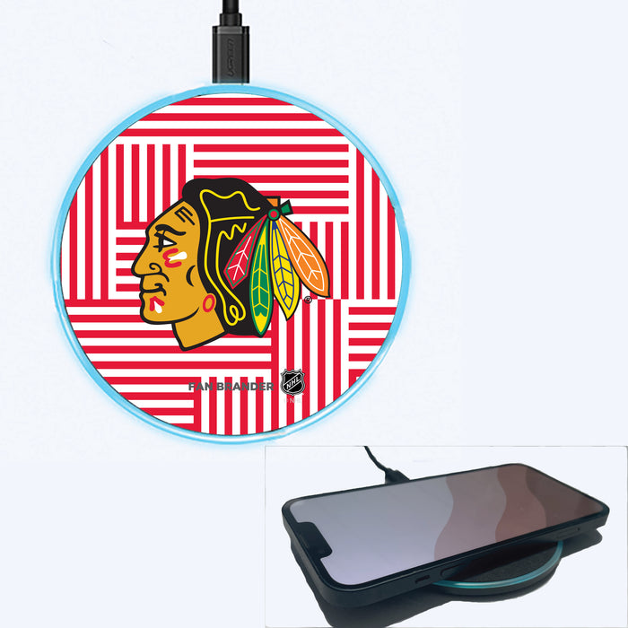 Fan Brander Grey 15W Wireless Charger with Chicago Blackhawks Primary Logo on Geometric Lines Background