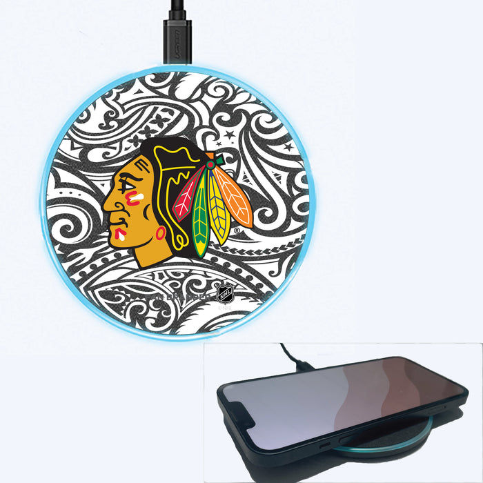 Fan Brander Grey 15W Wireless Charger with Chicago Blackhawks Primary Logo With Black Tribal