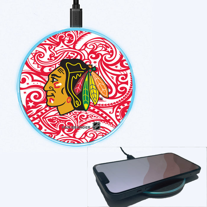 Fan Brander Grey 15W Wireless Charger with Chicago Blackhawks Primary Logo With Team Color Tribal Background