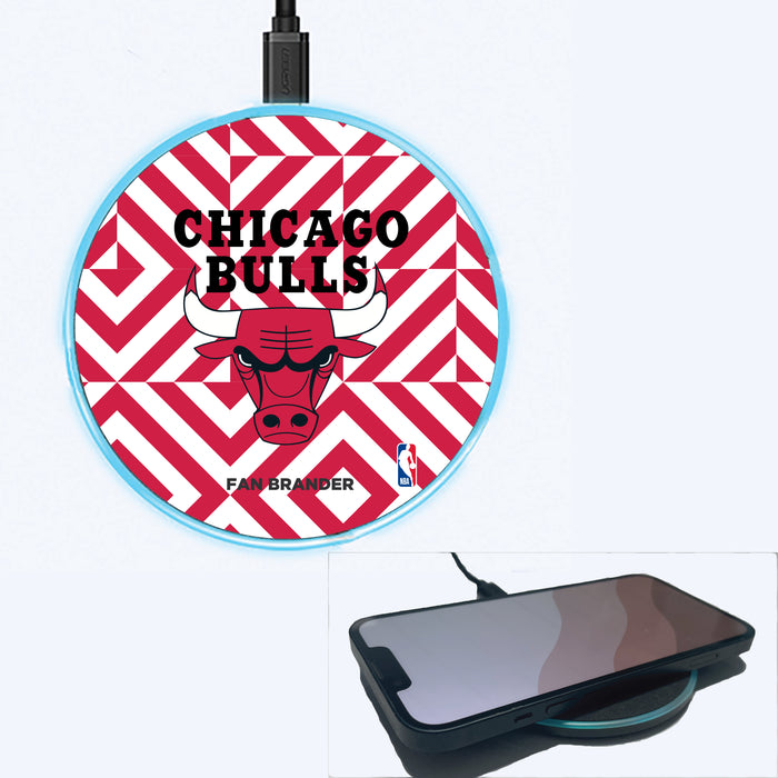Fan Brander Grey 15W Wireless Charger with Chicago Bulls Primary Logo on Geometric Diamonds Background