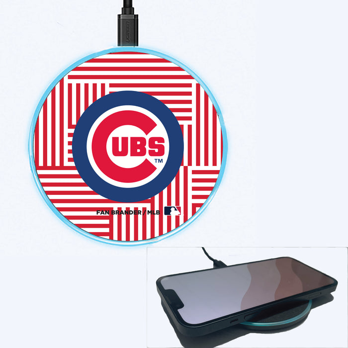 Fan Brander Grey 15W Wireless Charger with Chicago Cubs Primary Logo on Geometric Lines Background