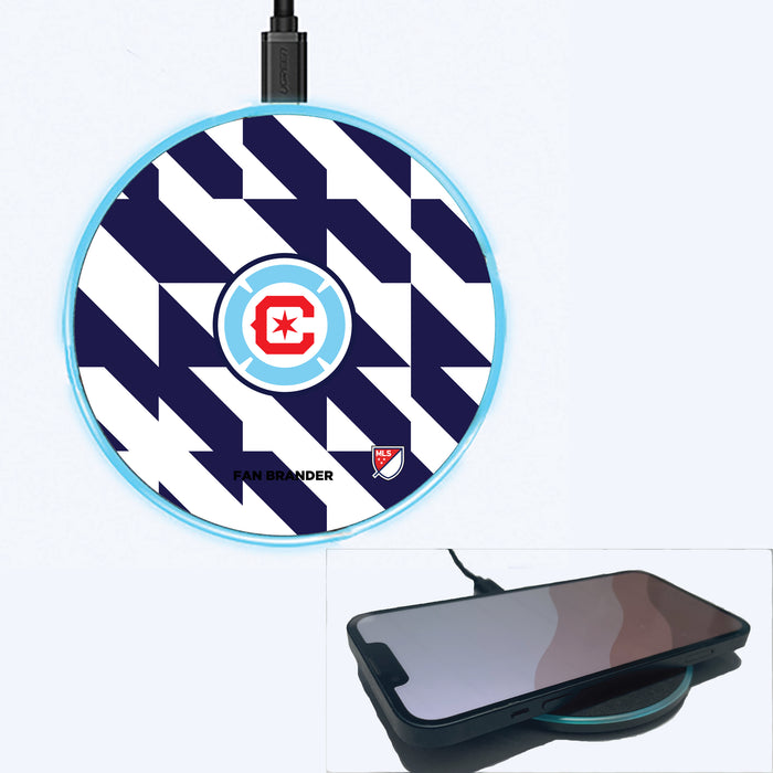 Fan Brander Grey 15W Wireless Charger with Chicago Fire Primary Logo on Geometric Quad Background