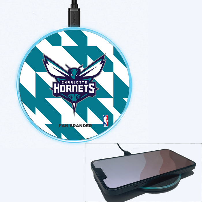 Fan Brander Grey 15W Wireless Charger with Charlotte Hornets Primary Logo on Geometric Quad Background