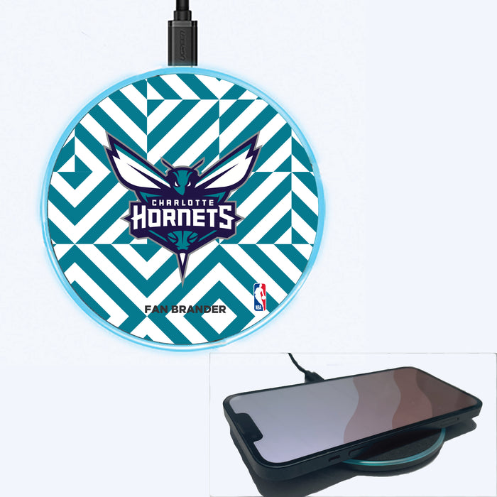 Fan Brander Grey 15W Wireless Charger with Charlotte Hornets Primary Logo on Geometric Diamonds Background
