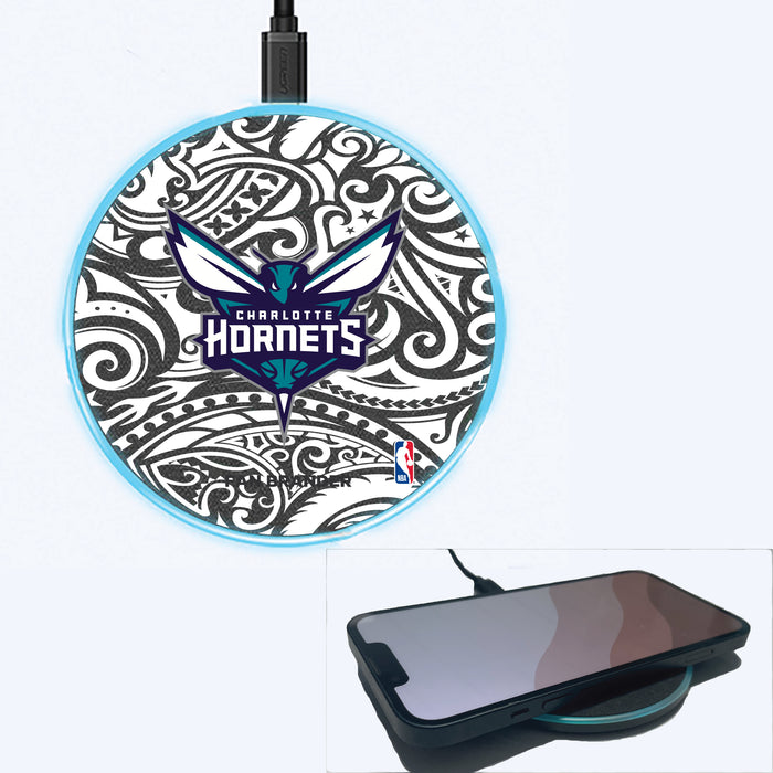 Fan Brander Grey 15W Wireless Charger with Charlotte Hornets Primary Logo With Black Tribal