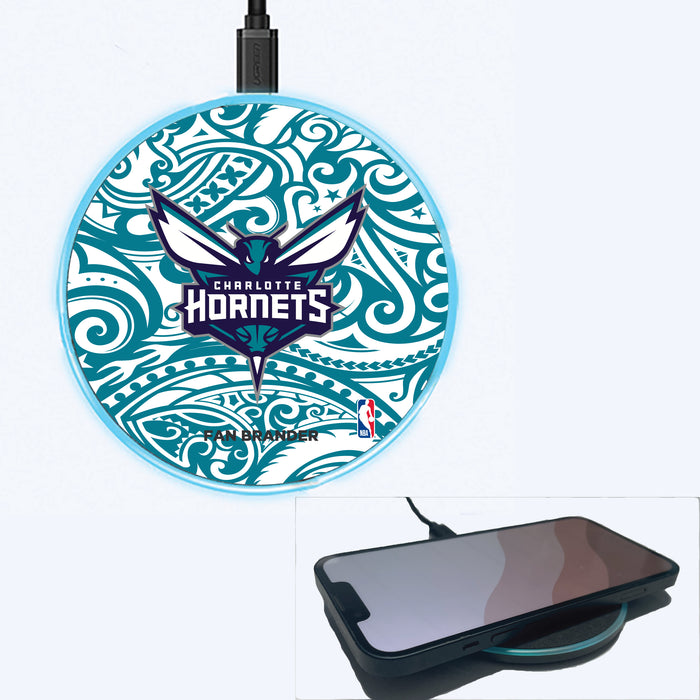 Fan Brander Grey 15W Wireless Charger with Charlotte Hornets Primary Logo With Team Color Tribal Background