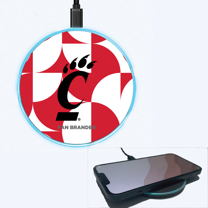 Fan Brander Grey 15W Wireless Charger with Cincinnati Bearcats Primary Logo on Geometric Circle Background