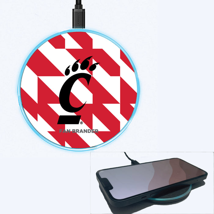 Fan Brander Grey 15W Wireless Charger with Cincinnati Bearcats Primary Logo on Geometric Quad Background