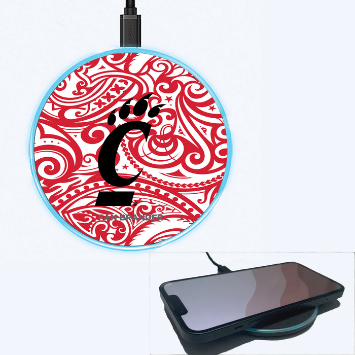 Fan Brander Grey 15W Wireless Charger with Cincinnati Bearcats Primary Logo With Team Color Tribal Background