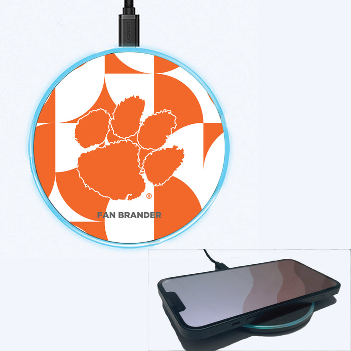 Fan Brander Grey 15W Wireless Charger with Clemson Tigers Primary Logo on Geometric Circle Background