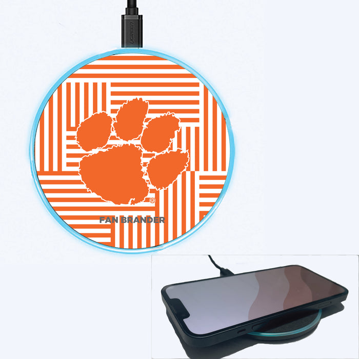 Fan Brander Grey 15W Wireless Charger with Clemson Tigers Primary Logo on Geometric Lines Background
