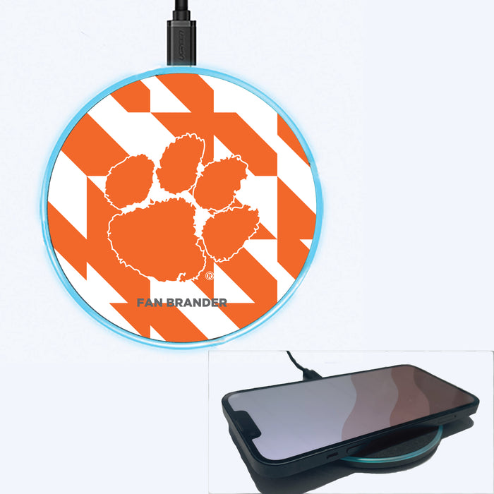 Fan Brander Grey 15W Wireless Charger with Clemson Tigers Primary Logo on Geometric Quad Background
