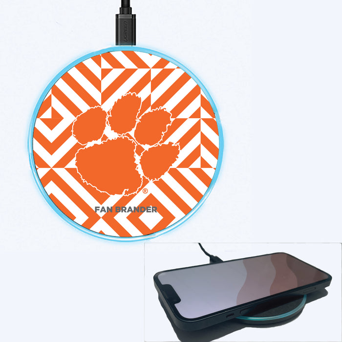 Fan Brander Grey 15W Wireless Charger with Clemson Tigers Primary Logo on Geometric Diamonds Background