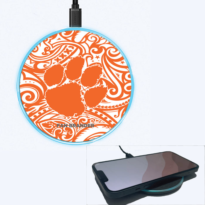 Fan Brander Grey 15W Wireless Charger with Clemson Tigers Primary Logo With Team Color Tribal Background