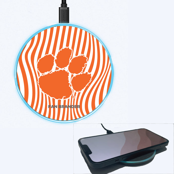 Fan Brander Grey 15W Wireless Charger with Clemson Tigers Primary Logo With Team Groovey Lines