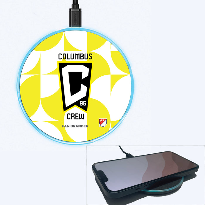 Fan Brander Grey 15W Wireless Charger with Columbus Crew SC Primary Logo on Geometric Circle Background