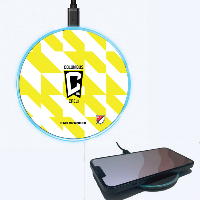 Fan Brander Grey 15W Wireless Charger with Columbus Crew SC Primary Logo on Geometric Quad Background