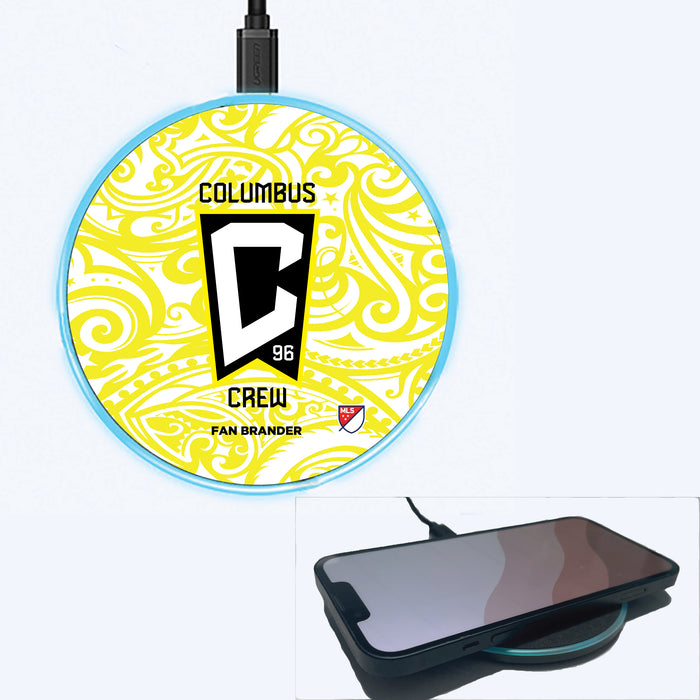 Fan Brander Grey 15W Wireless Charger with Columbus Crew SC Primary Logo With Team Color Tribal Background