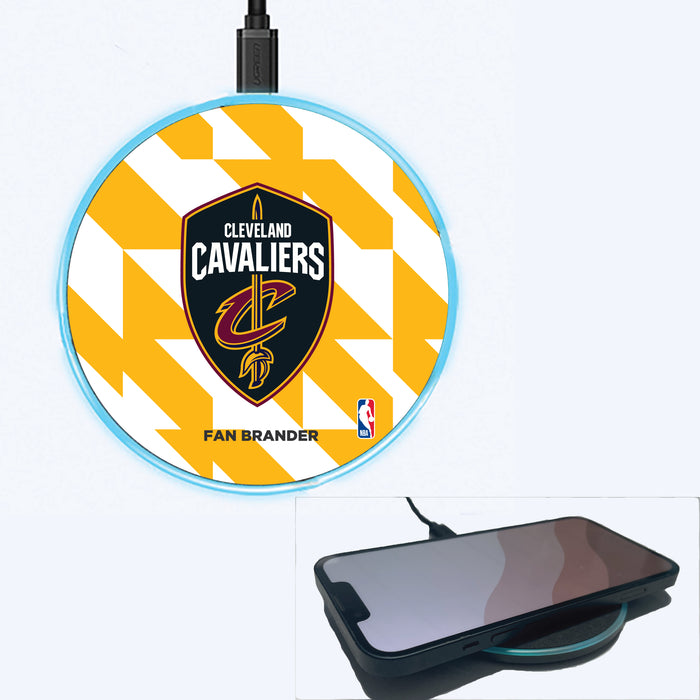 Fan Brander Grey 15W Wireless Charger with Cleveland Cavaliers Primary Logo on Geometric Quad Background