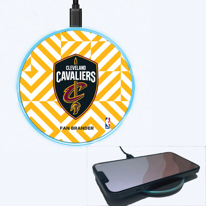 Fan Brander Grey 15W Wireless Charger with Cleveland Cavaliers Primary Logo on Geometric Diamonds Background
