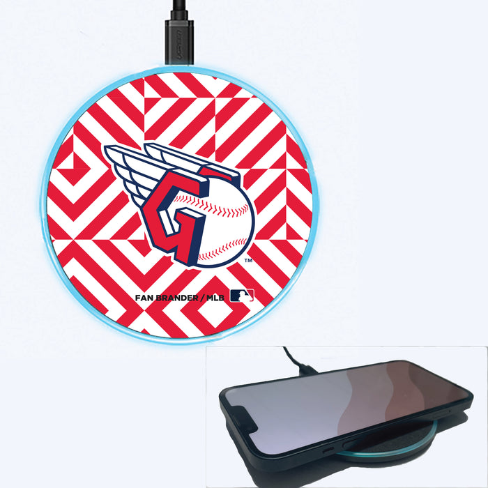 Fan Brander Grey 15W Wireless Charger with Cleveland Guardians Primary Logo on Geometric Diamonds Background