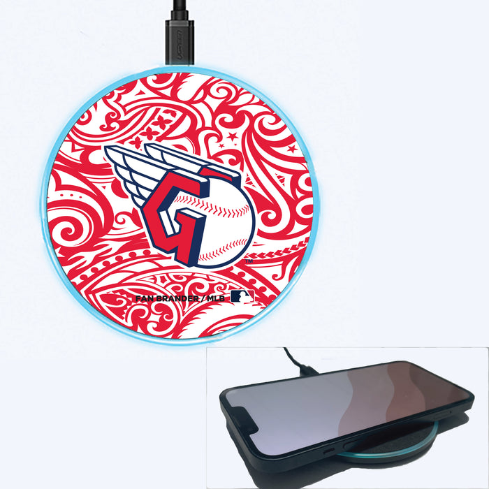Fan Brander Grey 15W Wireless Charger with Cleveland Guardians Primary Logo With Team Color Tribal Background