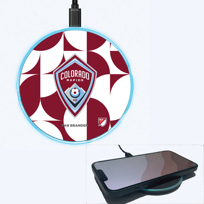 Fan Brander Grey 15W Wireless Charger with Colorado Rapids Primary Logo on Geometric Circle Background