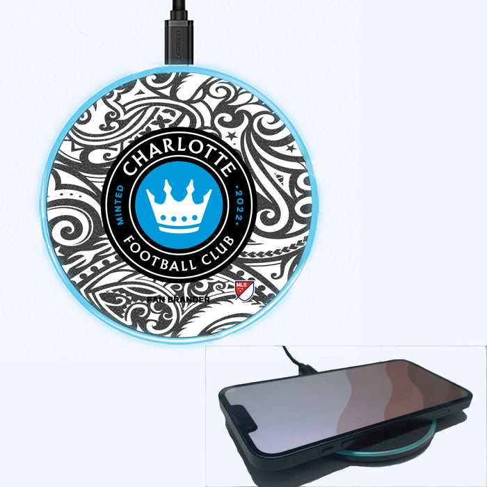 Fan Brander Grey 15W Wireless Charger with Charlotte FC Primary Logo With Black Tribal