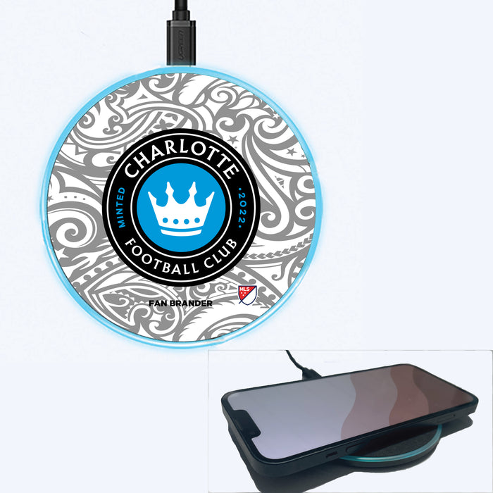 Fan Brander Grey 15W Wireless Charger with Charlotte FC Primary Logo With Team Color Tribal Background