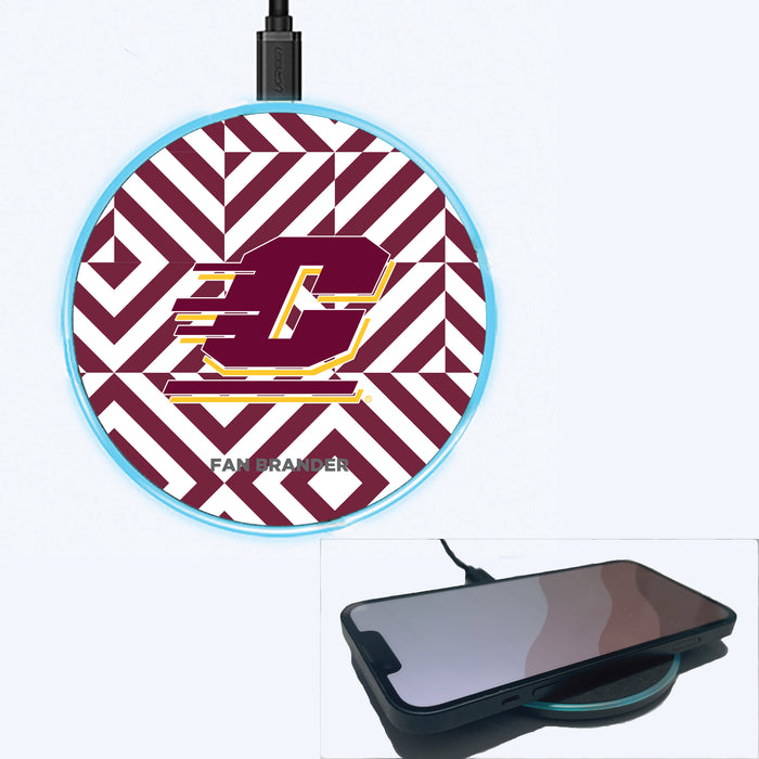 Fan Brander Grey 15W Wireless Charger with Central Michigan Chippewas Primary Logo on Geometric Diamonds Background