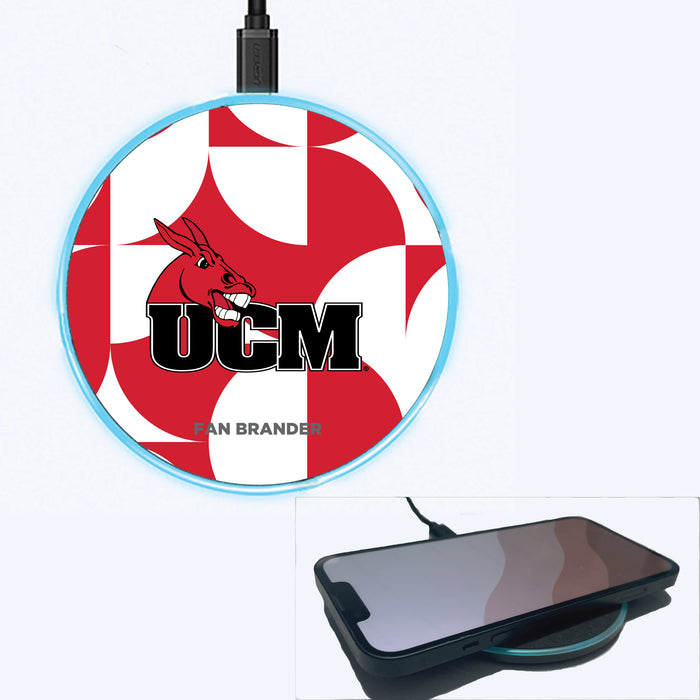 Fan Brander Grey 15W Wireless Charger with Central Missouri Mules Primary Logo on Geometric Circle Background