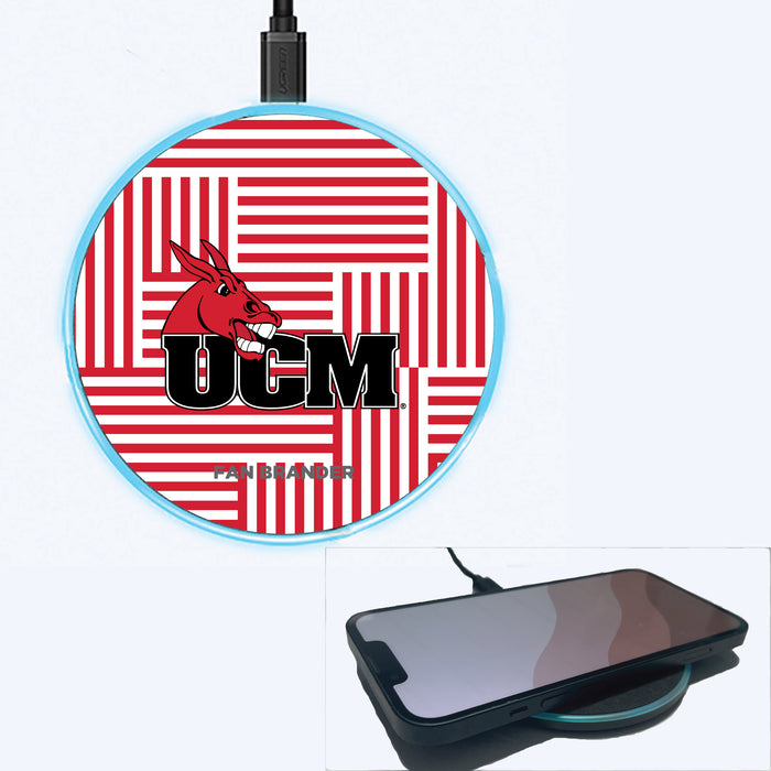Fan Brander Grey 15W Wireless Charger with Central Missouri Mules Primary Logo on Geometric Lines Background