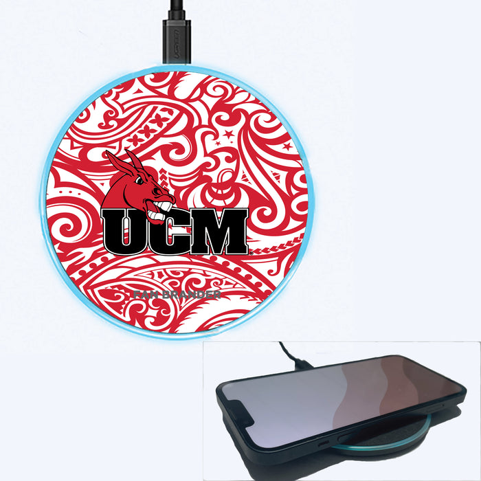 Fan Brander Grey 15W Wireless Charger with Central Missouri Mules Primary Logo With Team Color Tribal Background