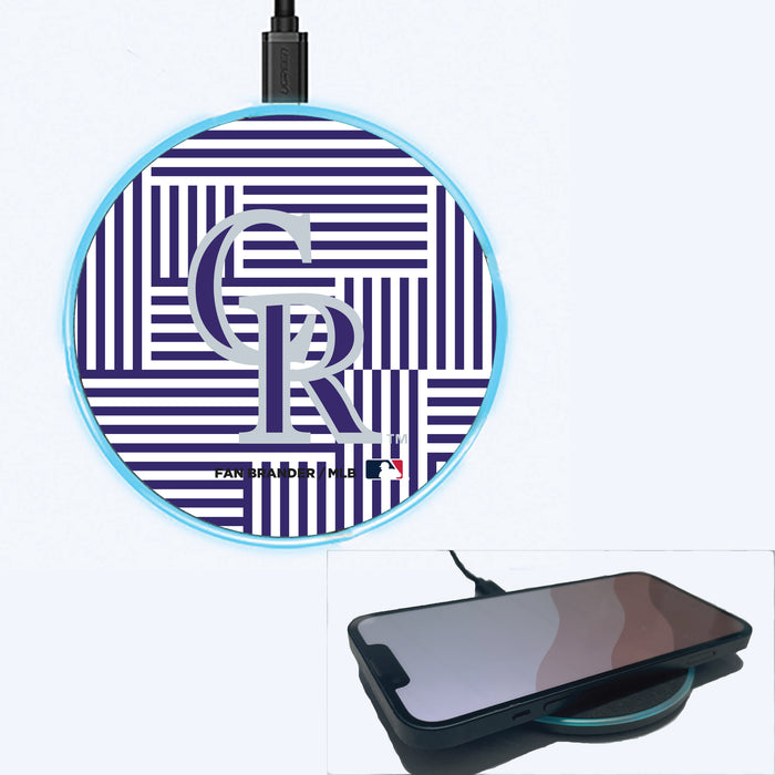 Fan Brander Grey 15W Wireless Charger with Colorado Rockies Primary Logo on Geometric Lines Background