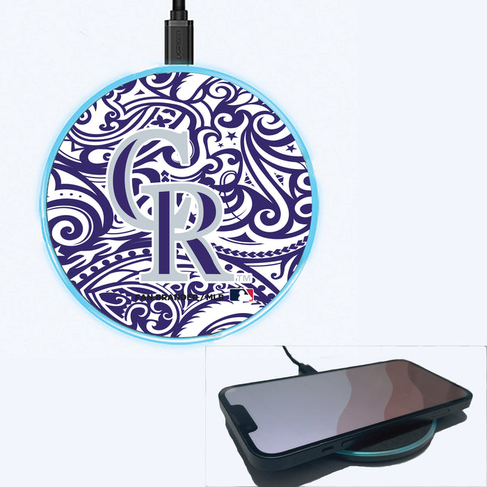 Fan Brander Grey 15W Wireless Charger with Colorado Rockies Primary Logo With Team Color Tribal Background