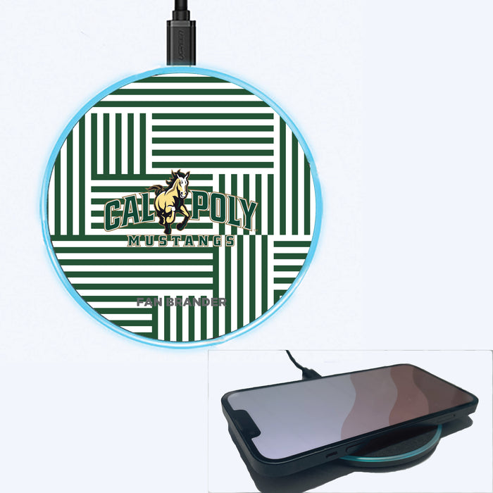 Fan Brander Grey 15W Wireless Charger with Cal Poly Mustangs Primary Logo on Geometric Lines Background