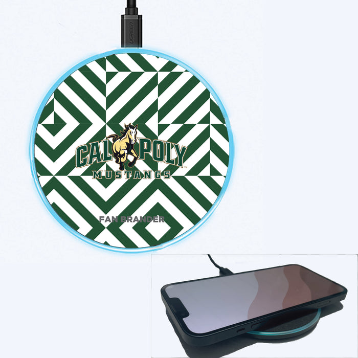 Fan Brander Grey 15W Wireless Charger with Cal Poly Mustangs Primary Logo on Geometric Diamonds Background