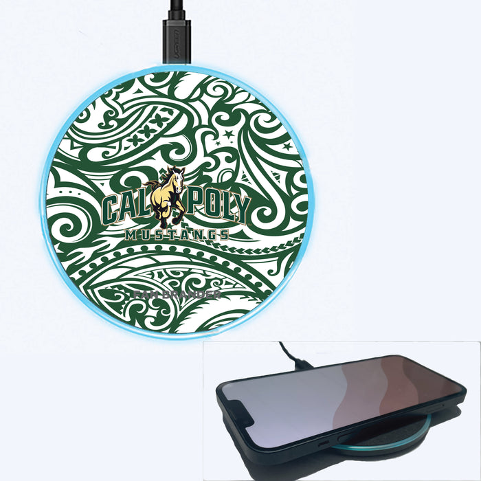 Fan Brander Grey 15W Wireless Charger with Cal Poly Mustangs Primary Logo With Team Color Tribal Background