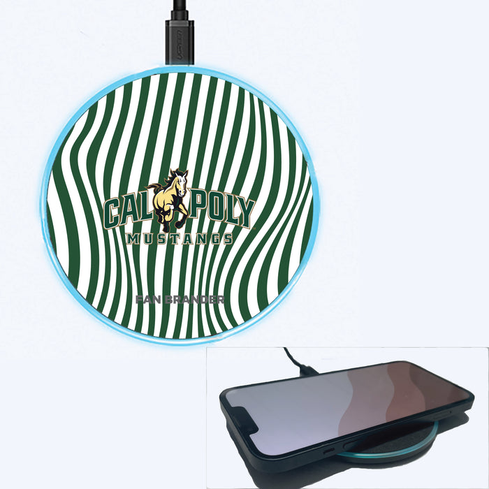 Fan Brander Grey 15W Wireless Charger with Cal Poly Mustangs Primary Logo With Team Groovey Lines