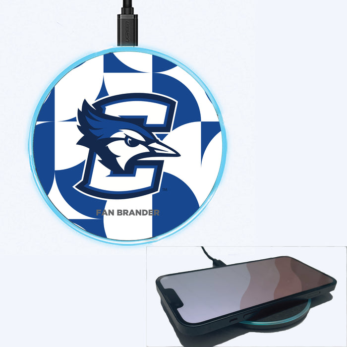 Fan Brander Grey 15W Wireless Charger with Creighton University Bluejays Primary Logo on Geometric Circle Background