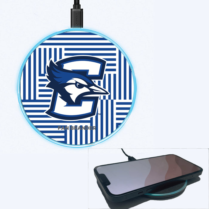 Fan Brander Grey 15W Wireless Charger with Creighton University Bluejays Primary Logo on Geometric Lines Background