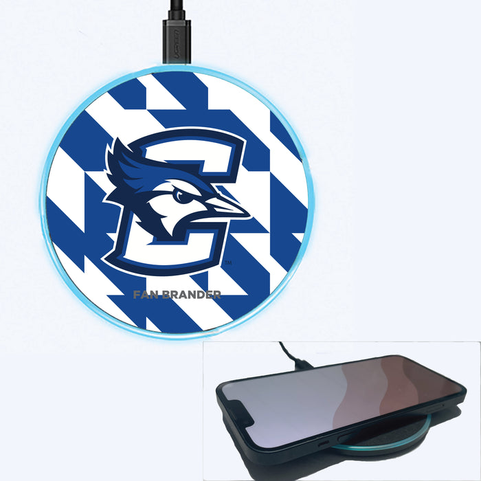 Fan Brander Grey 15W Wireless Charger with Creighton University Bluejays Primary Logo on Geometric Quad Background