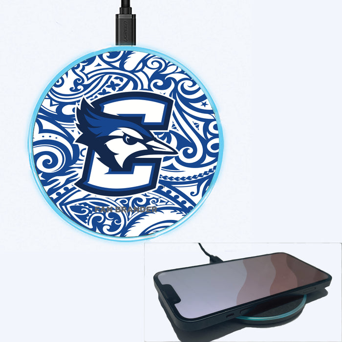 Fan Brander Grey 15W Wireless Charger with Creighton University Bluejays Primary Logo With Team Color Tribal Background