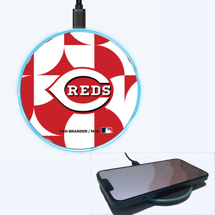 Fan Brander Grey 15W Wireless Charger with Cincinnati Reds Primary Logo on Geometric Circle Background