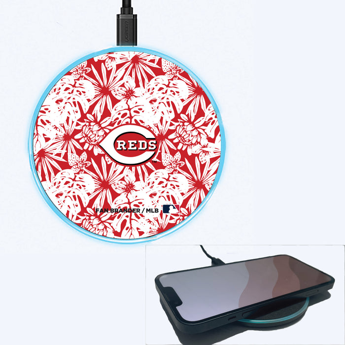 Fan Brander Grey 15W Wireless Charger with Cincinnati Reds Primary Logo With Team Color Hawain Pattern