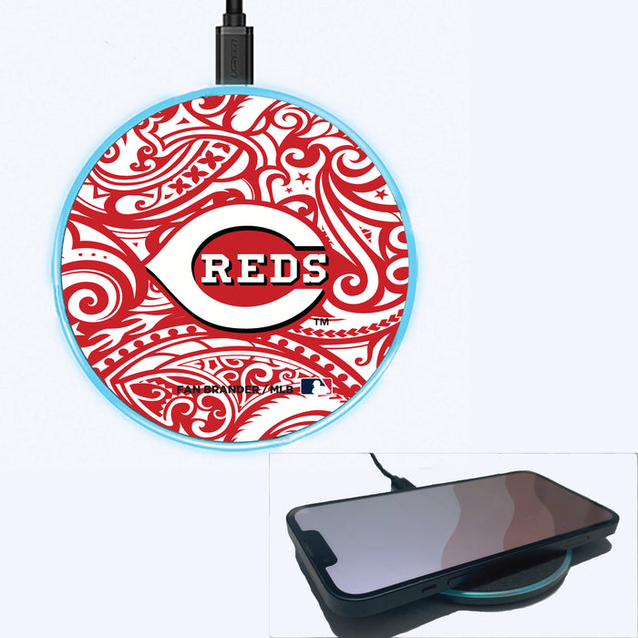 Fan Brander Grey 15W Wireless Charger with Cincinnati Reds Primary Logo With Team Color Tribal Background